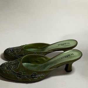 Tribeca kitten heels green in color size 10M Preowned very little worn.